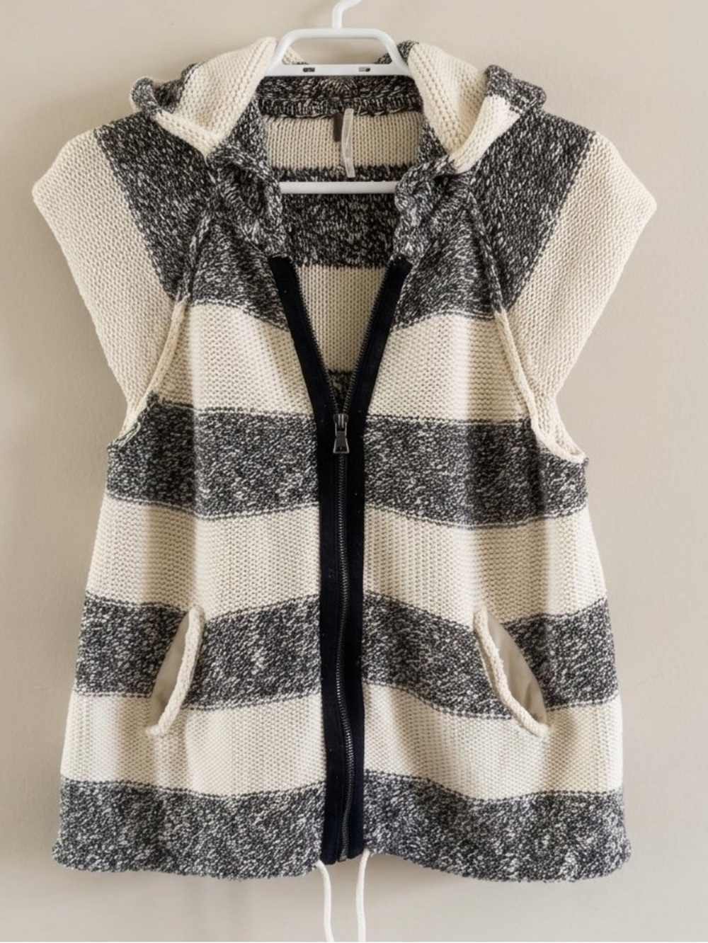 Free People Cream and Gray Striped Hooded Zip Vest